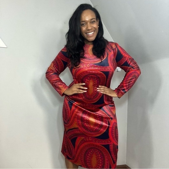 Tyler Boe orange velvet paisley print Dana midi dress bodycon long sleeve boho - Picture 1 of 13